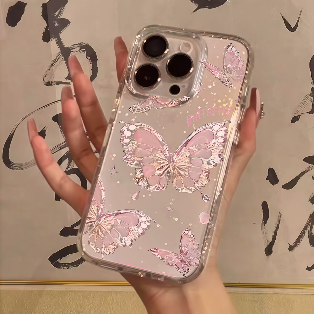 Clear Shockproof Bumper Case - Pink Butterfly Clear Glitter Phone Case